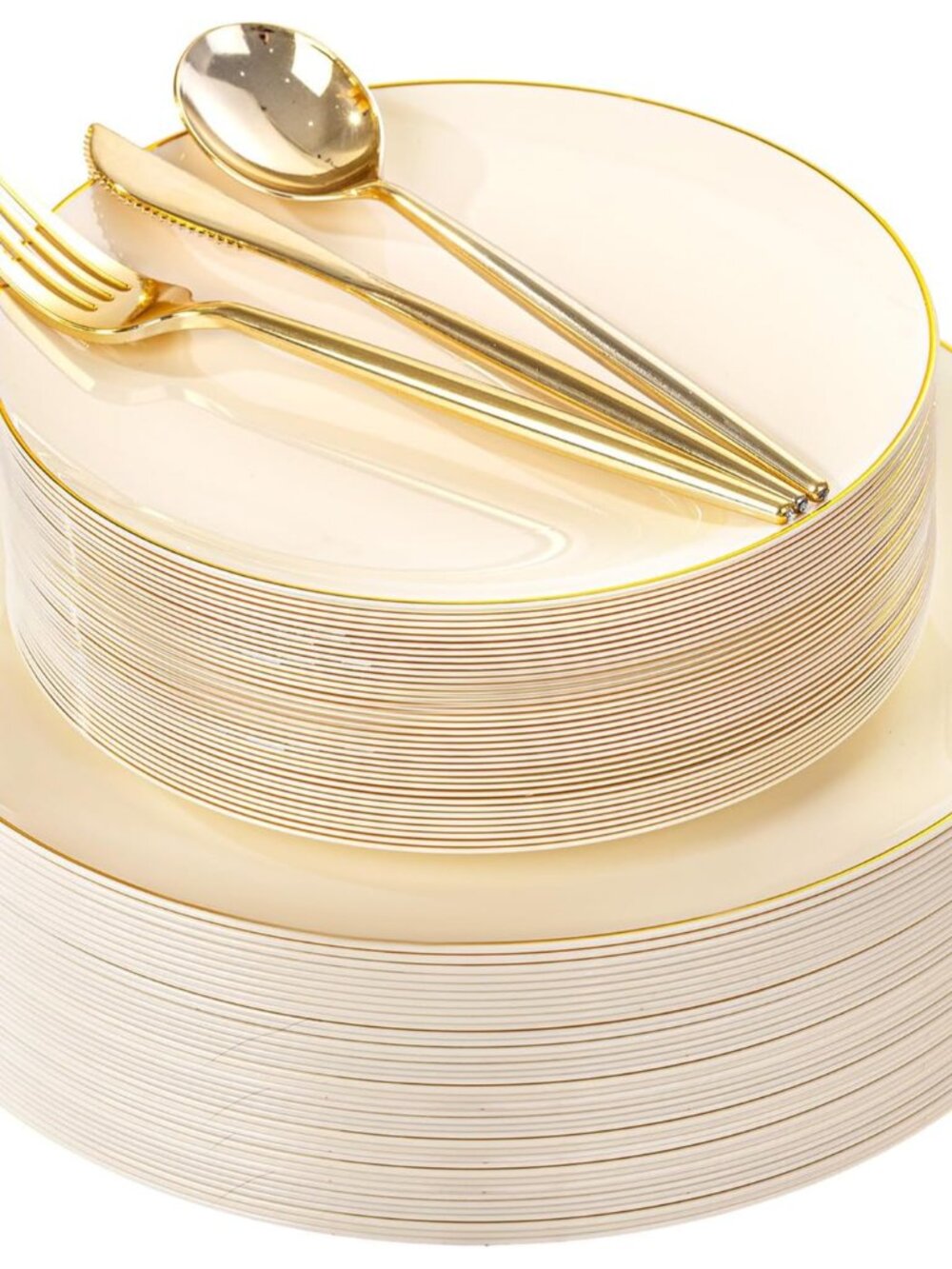 150Pcs Ivory Plastic Plates, Fancy Gold Plastic Plates Set for Party